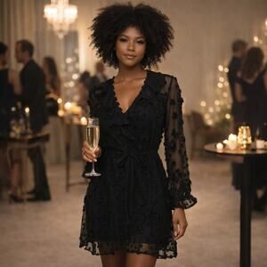 Reveuse Semi Sheer Swiss Dot Mini Belted Party Dress Size M Pom Pom Floral Black